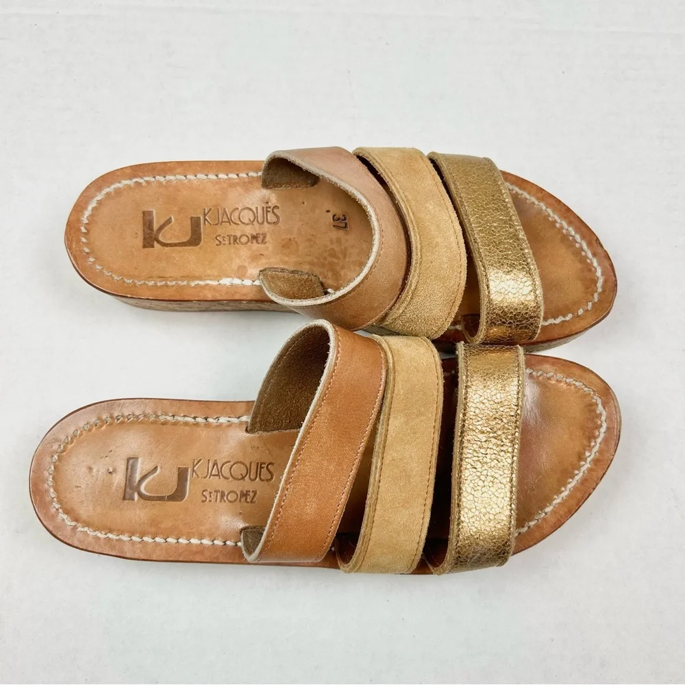 K.Jacques Gold and Tan Wedge Sandals